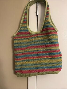 Handwoven Striped Crochet Tote Bag in Green, Pink & Blue